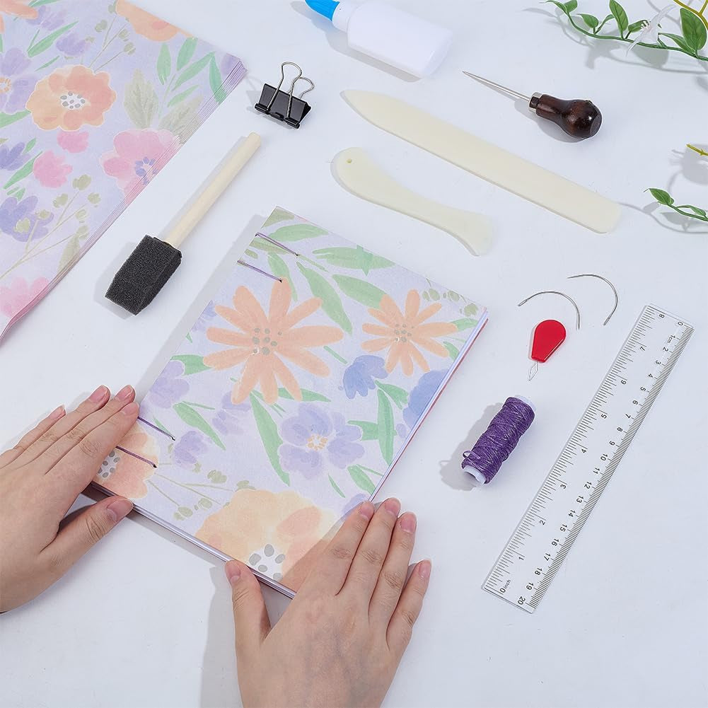 WEBEEDY DIY Coptic Stitch Book Binding Kit for Beginners, Complete Bookbinding Kit to Make Your Own A5 Notebook, Journal, Diary, with Floral Paper, Bone Folder, A4 Papers, Needles, Tools