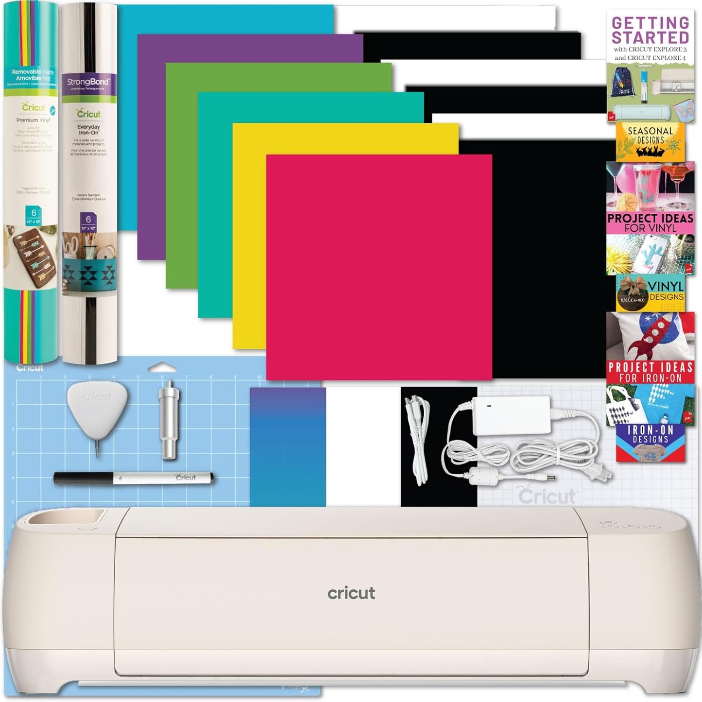 Cricut Explore 4 Machine with Vinyl and Iron-On Bundle - Beginner Friendly Craft Cutting Machine with Essential Materials, HTV and Adhesive Vinyl Variety Pack- DIY Decor Projects, Apparel and Decals
