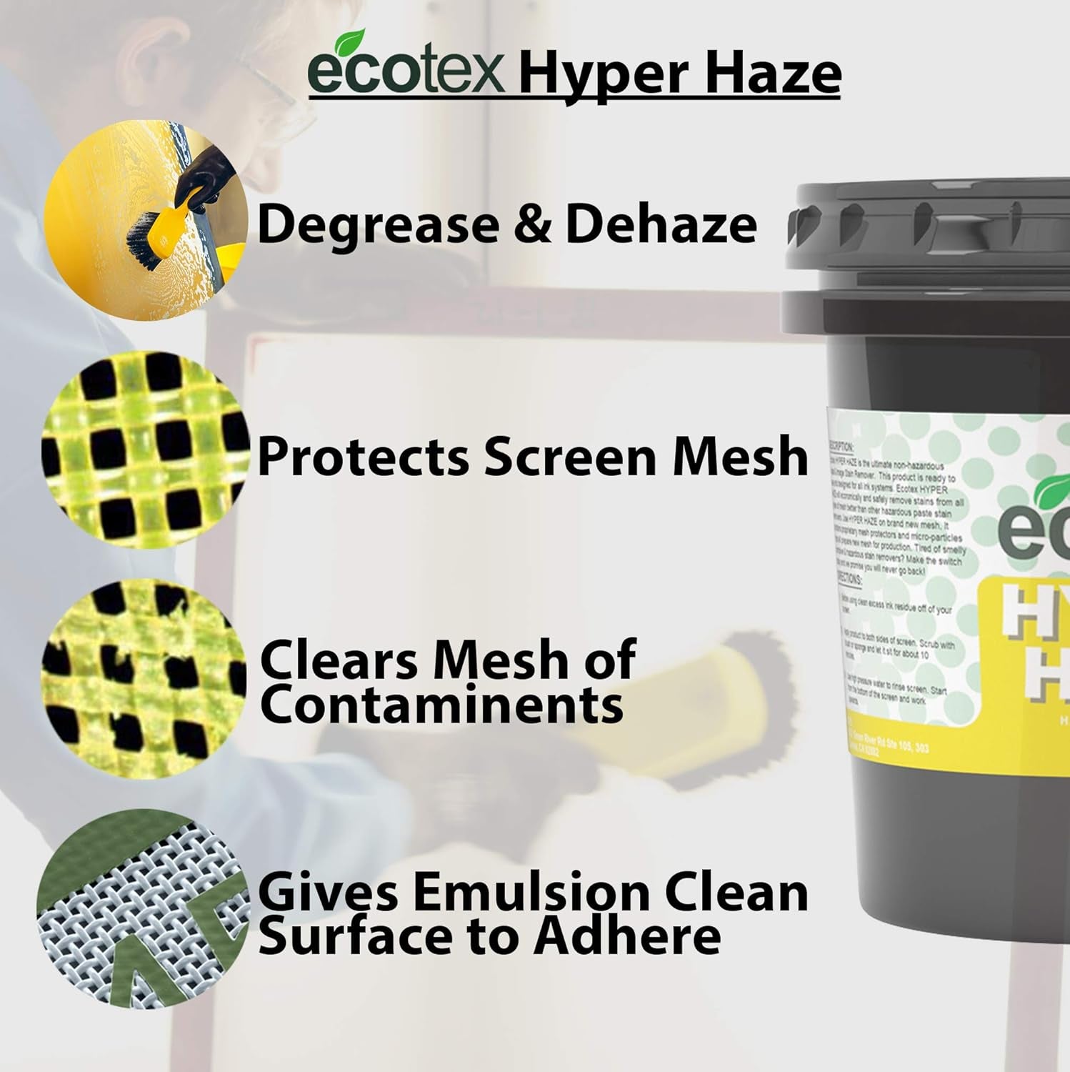 Ecotex All Purpose Screen Printing Hyper Haze (Gallon - 128Oz.) - Eco-Friendly Haze Remover and Degreaser, Plastisol and Water Based Ink Remover - Silk Screen Cleaner