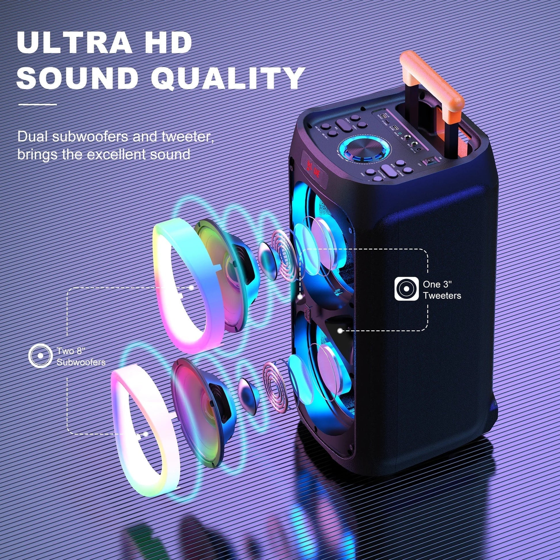 Large Party Speaker, Bluetooth Speaker with Wheels, Trolley Bar, LED Party Light, 2 Microphones