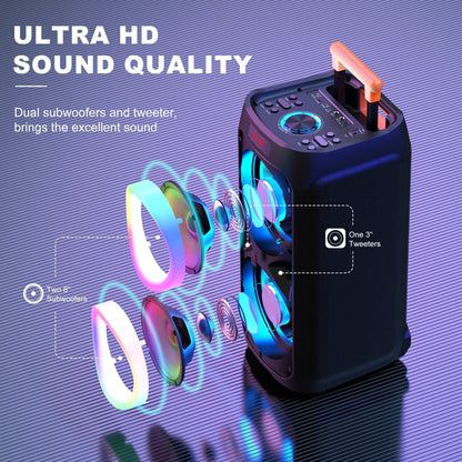 Large Party Speaker, Bluetooth Speaker with Wheels, Trolley Bar, LED Party Light, 2 Microphones