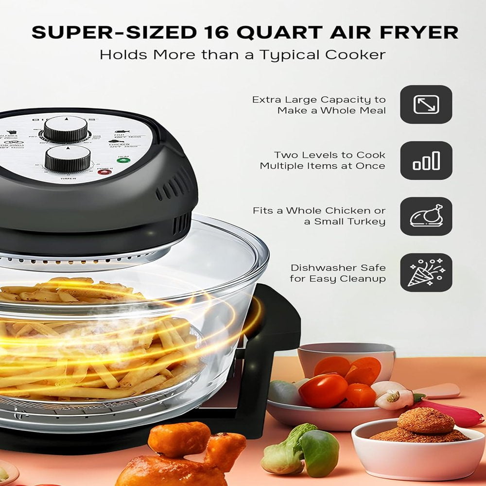 Big Boss 16Qt Large Air Fryer Oven with 50+ Recipe Book Airfryer Oven Makes Healthier Crispy Foods Black