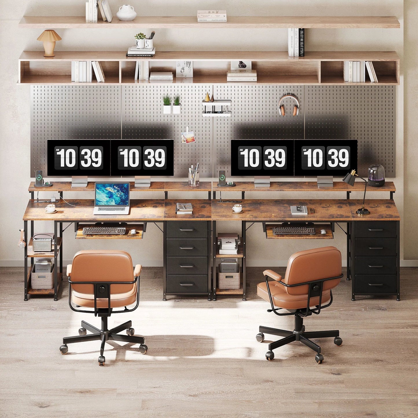 55 Inch Office Desk with Power Outlet and Adjustable Monitor Stand, Computer Desk with Fabric Drawer and Keyboard Tray, Gaming Desk with LED Light & PC Stand, Vintage