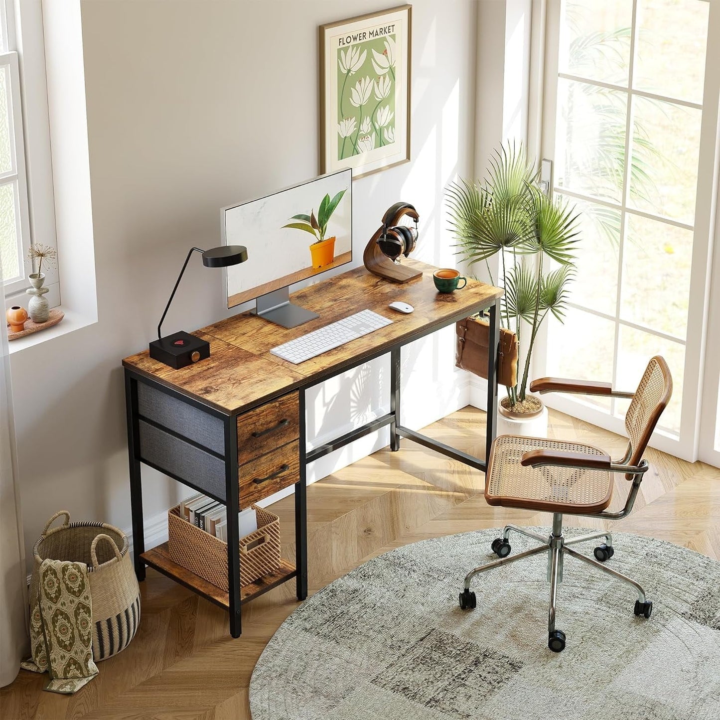 Computer Desk with Drawers, 40 Inch Study Writing Table, Modern Simple Style PC Desk for Bedroom, Gaming, Rustic Brown