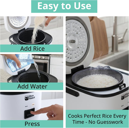 Rice Robot Personal Rice Cooker, Pfas-Free, Nonstick. 1 Quart Capacity, with Stainless Steel Steamer Tray, Measuring Cups, Recipe Book with 60 Recipes, and Serving Spoon, as Seen on TV