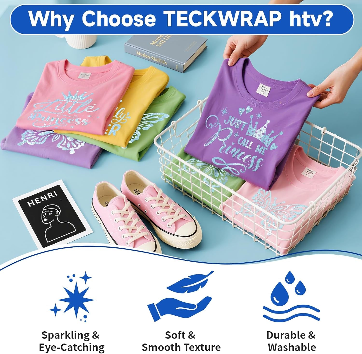 Glitter HTV Heat Transfer Vinyl Roll - 10" X 5Ft HTV Vinyl for Shirts, Iron on Vinyl for All Cutter Machine, Easy to Cut & Weed (Blue)