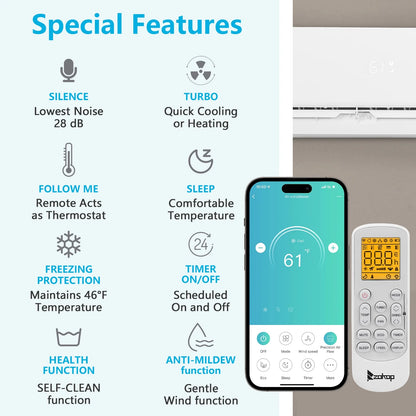 9000 BTU Wifi Enabled 19 Seer Mini Split Air Conditioner & Heater AC 115V