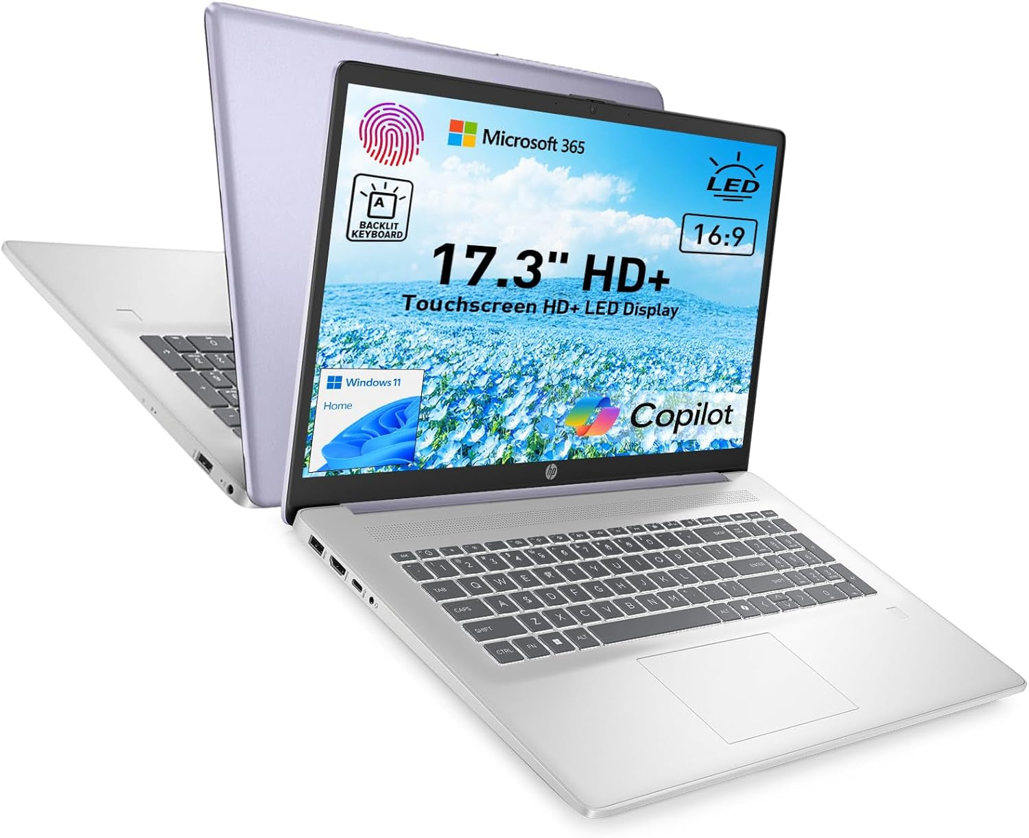 HP 17.3" Touchscreen Laptop W/Microsoft 365, 8GB RAM, 128GB SSD, Webcam W/Shutter, Fingerprint Reader, Backlit Keyboard, Microsoft Copilot Key, Intel Quad-Core CPU, Win11, Lavender