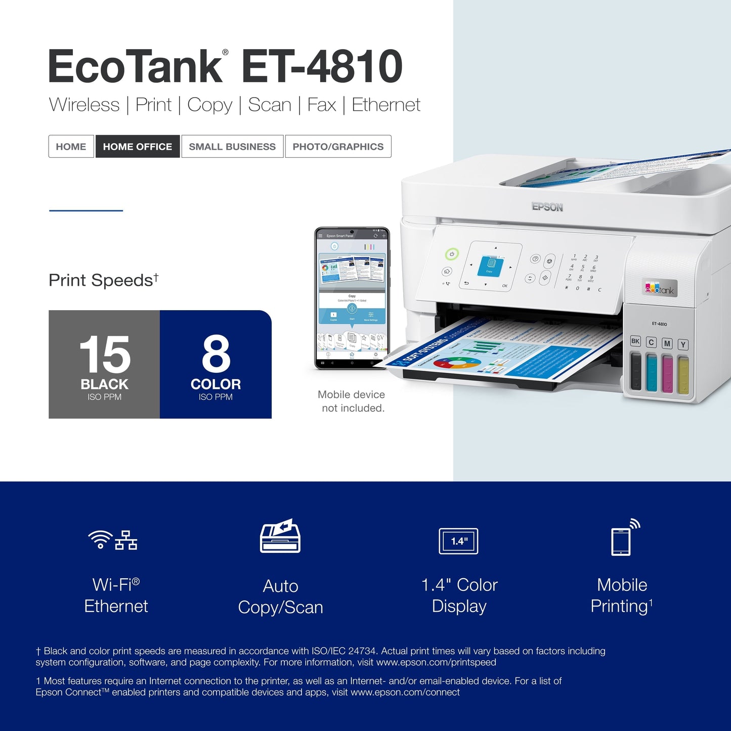 Ecotank ET-4810 Wireless All-In-One Cartridge-Free Supertank Printer with Scanner, Copier, Fax, ADF and Ethernet