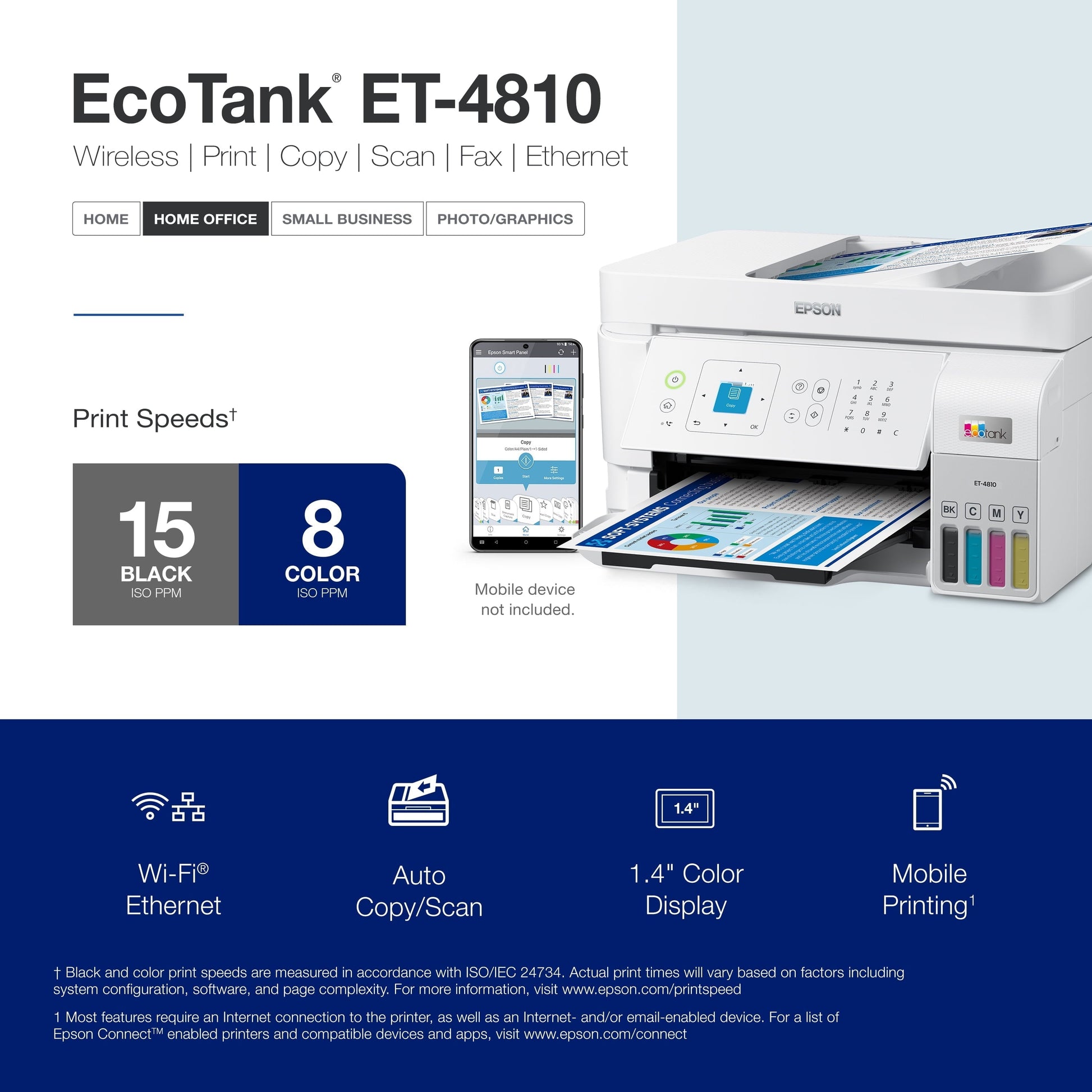 Ecotank ET-4810 Wireless All-In-One Cartridge-Free Supertank Printer with Scanner, Copier, Fax, ADF and Ethernet
