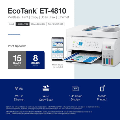 Ecotank ET-4810 Wireless All-In-One Cartridge-Free Supertank Printer with Scanner, Copier, Fax, ADF and Ethernet