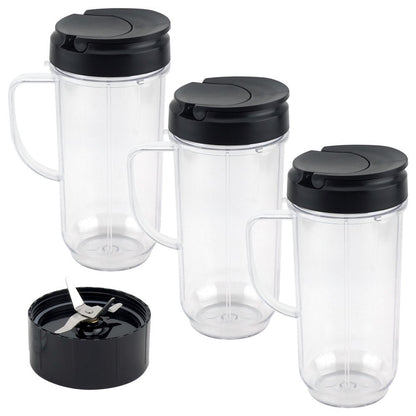 3 Pack 22 Oz Tall Cup with Flip Top To-Go Lid and Cross Blade Replacement Parts Compatible with Magic Bullet 250W MB1001 Blenders