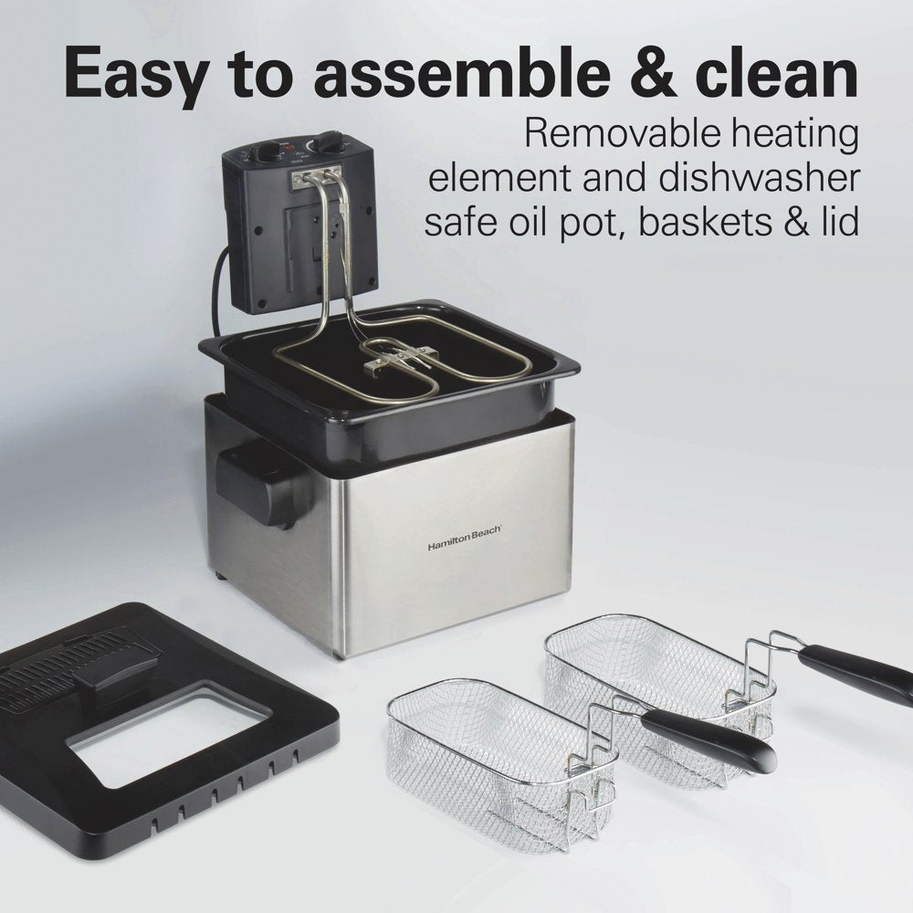 Professional-Style Deep Fryer with 2 Frying Baskets, 4.7 Quart or 19 Cup Oil Capacity, Lid with View Window, Stainless Steel, 35036