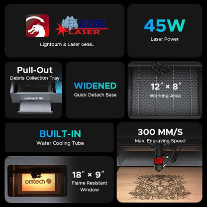 Omtech 45W CO2 Laser Engraver with Lightburn, 12"X8" Desktop Laser Engraving Cutting Machine for Home Use, Lasergrbl Compatible, Air Assist & Adjustable Head for Wood, Glass & More