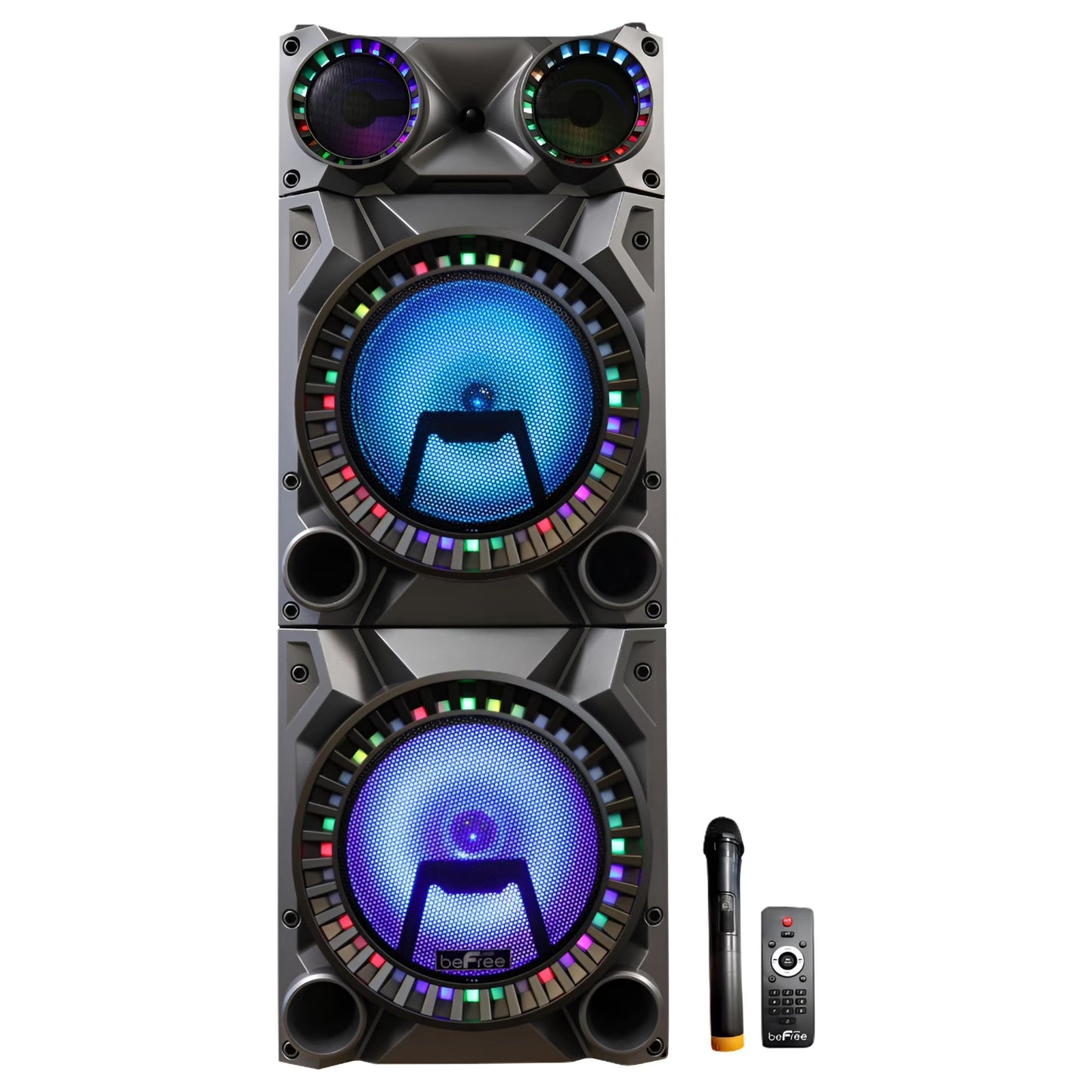 Rechargeable Bluetooth 12Inch Double Subwoofer Portable Party Speaker with Dual Layer Reactive Party Lights, USB, SD and AUX Inputs with FM Radio