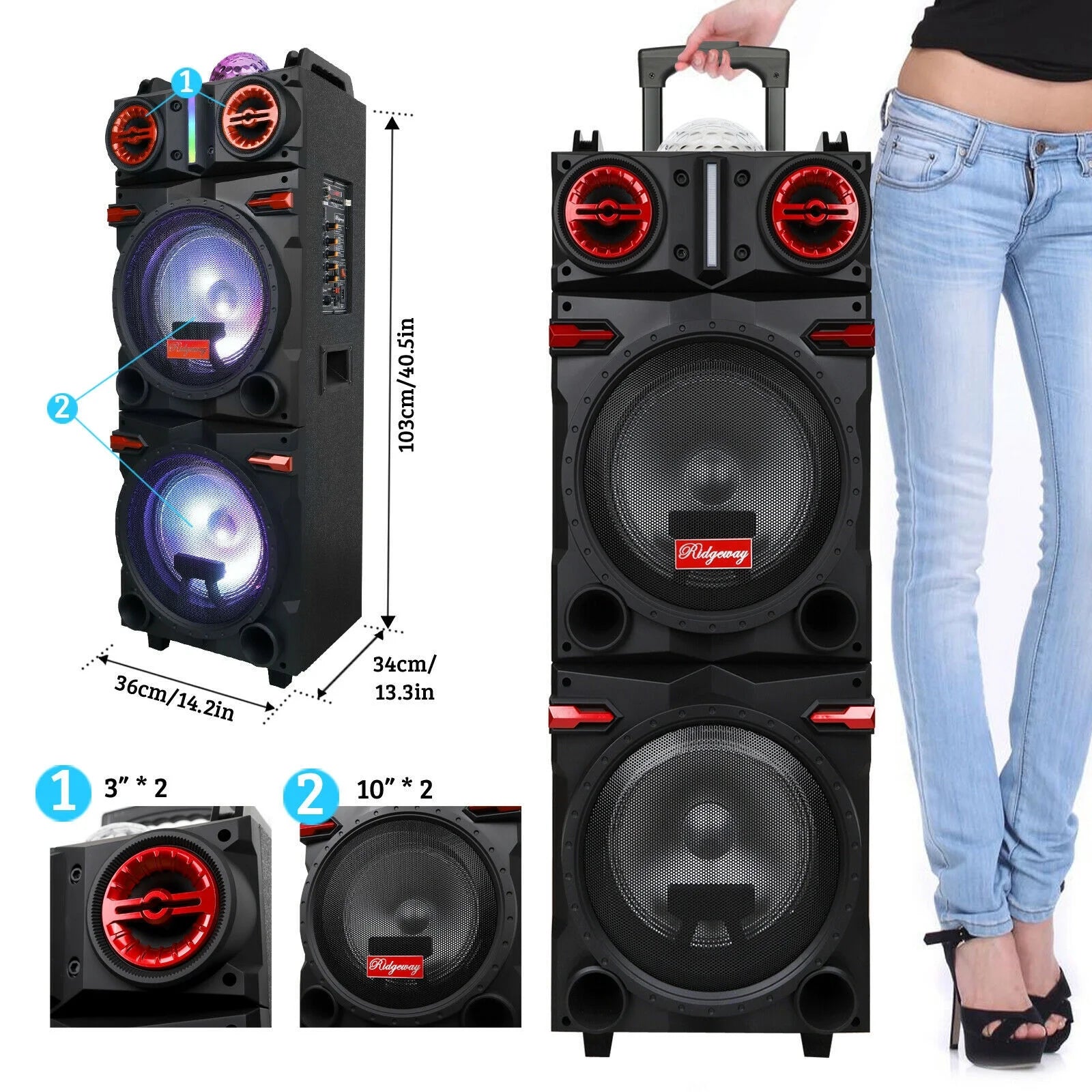 4,500W Bluetooth Speaker Rechargable Dual 10" Woofer Party FM Karaok DJ LED AUX