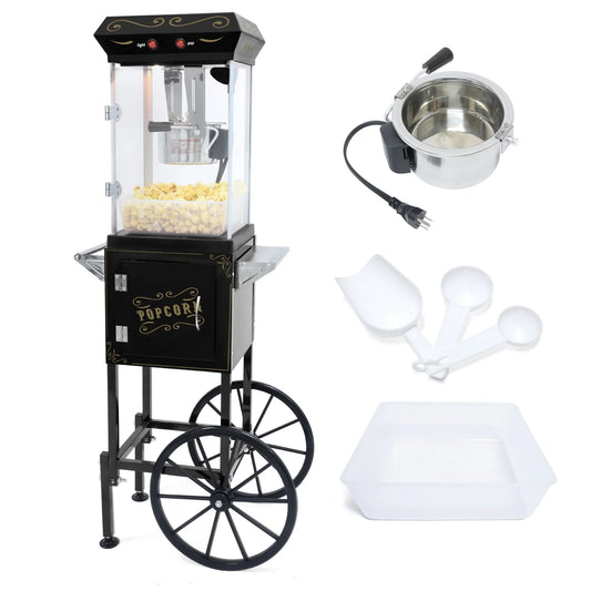 8OZ Popcorn Machine with Cart,  Vintage Popcorn Maker Machine with Stainless Steel Oil Kettle & 3 Popcorn Cups, Popcorn Machine for Commercial Home Movie Theater, Black