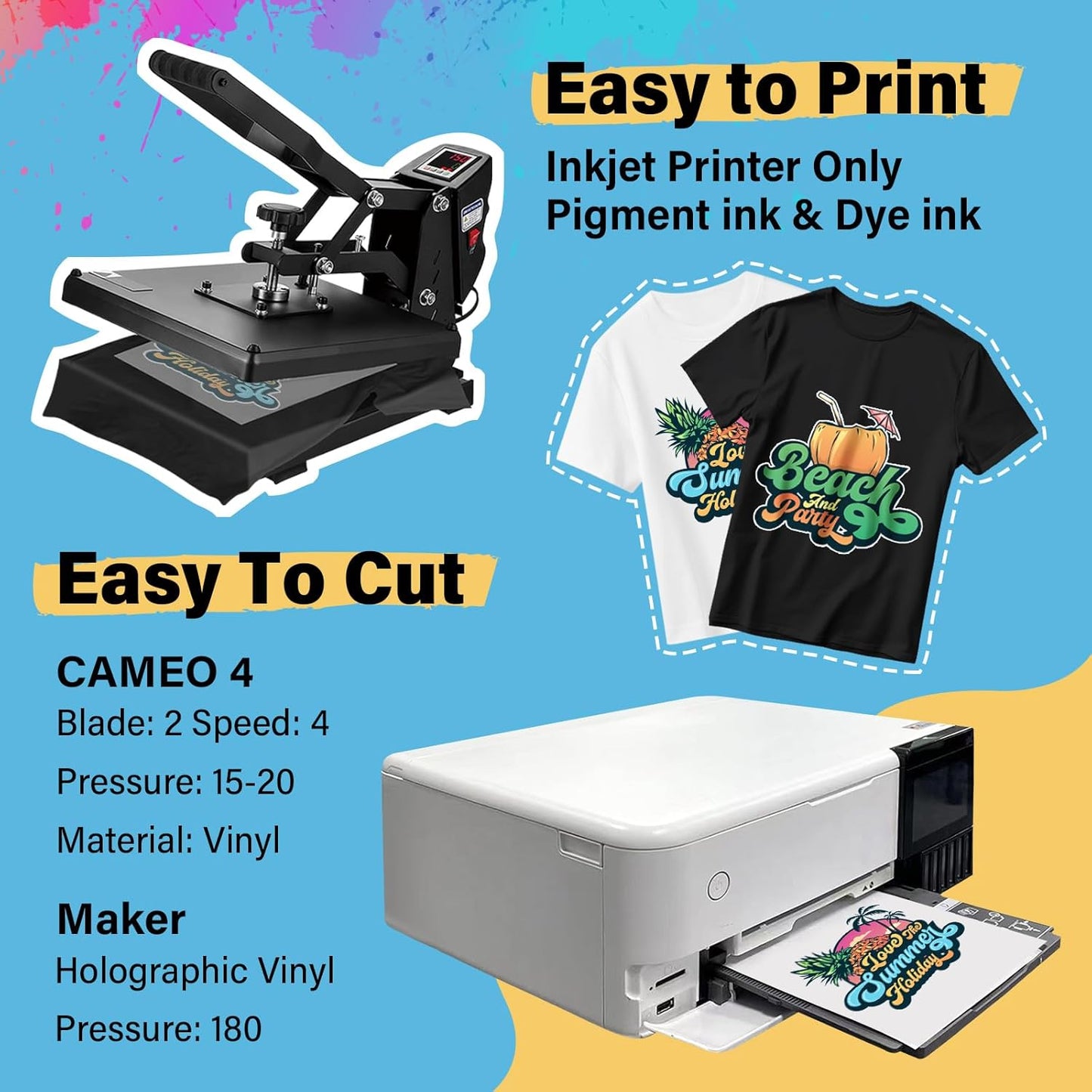 Printable Heat Transfer Paper for T-Shirts 30 Sheets, 8.3" X 11.7" Printable Heat Transfer Vinyl for Inkjet Printer, Iron on Transfer Paper for Light and Dark Fabric (Matte)