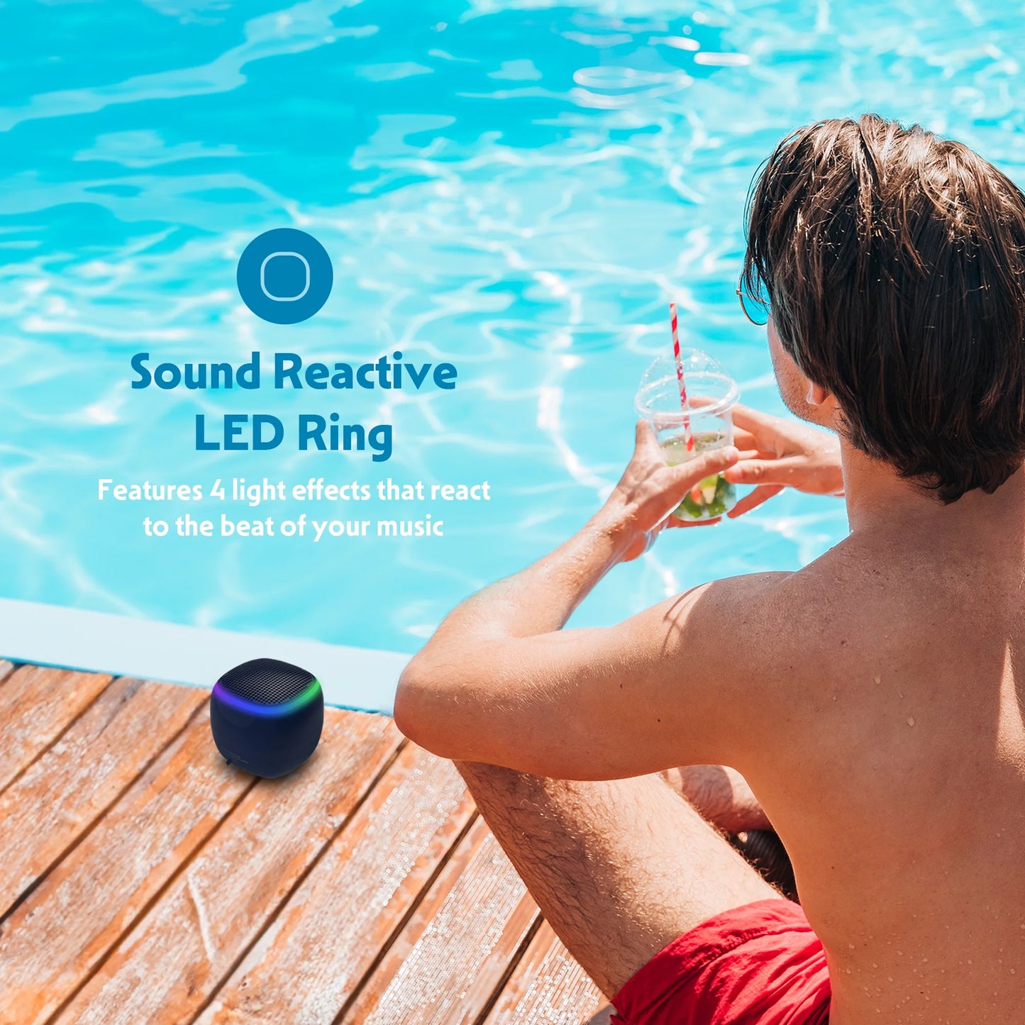 Mini Portable Bluetooth Speaker, IPX7 Waterproof Wireless Speaker, Black with LED Lights