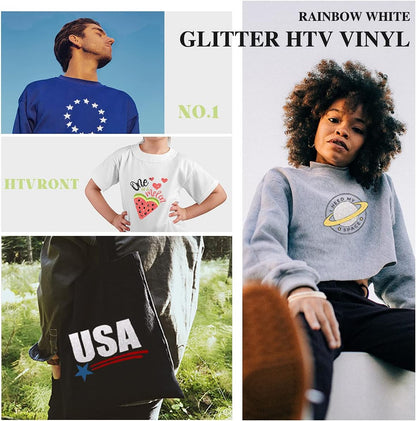 Rainbow White Glitter HTV Vinyl Roll-12" X 6 FT White Glitter Heat Transfer Vinyl Bundle, White Glitter Iron on Vinyl for All Cutting Machines