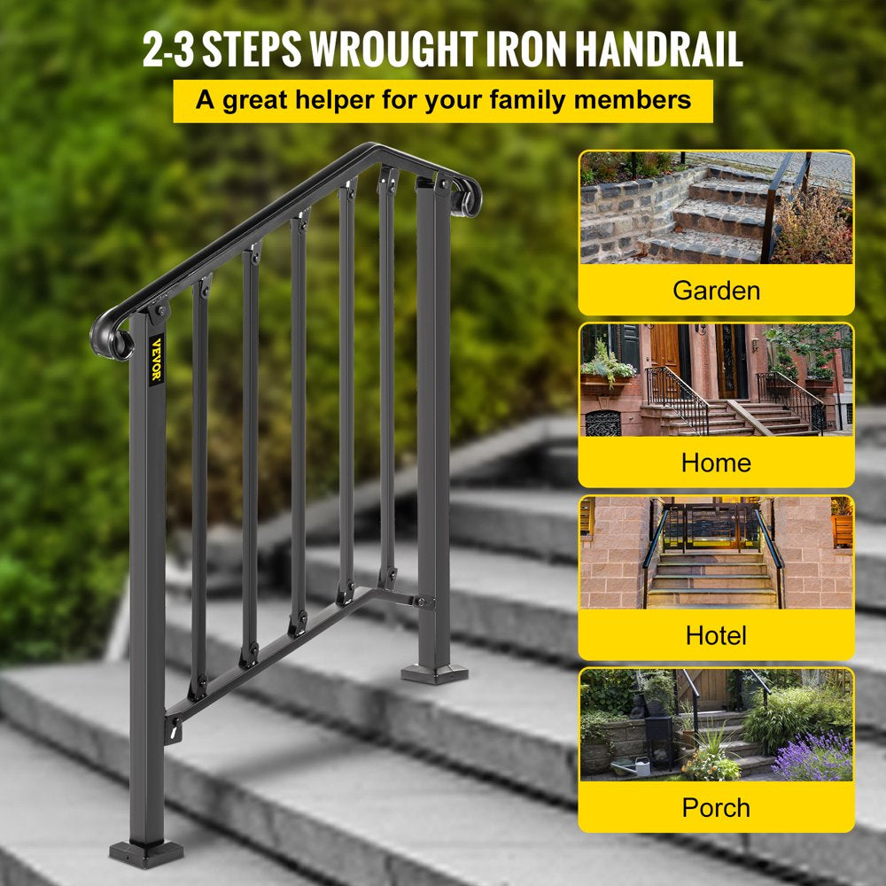 brand Handrail for Stairs Fits 2 or 3 Steps Outdoor Wrought Iron Handrail Height Adjustable Stair Railing, Matte Black