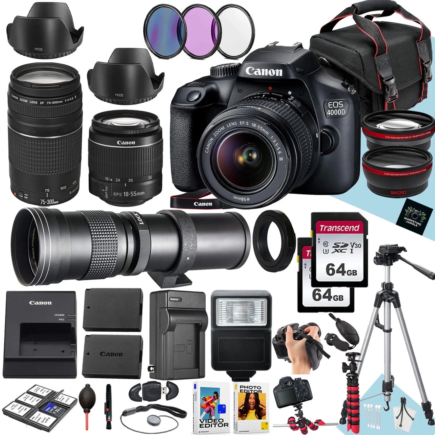 Canon EOS 4000D / Rebel T100 DSLR Camera Canon EF-S 18-55Mm F/3.5-5.6 DC III Zoom, EF 75-300Mm F/4-5.6 III and 420-800Mm F/8.3 HD Lens + 128 GB Memory + Filters + More (34Pc Bundle)