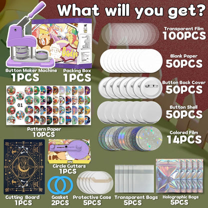 Button Maker Machine 58Mm (2.25 Inch), DIY Button Pin Maker Machine Comes with Free Button Parts, Circle Cutter, Cutting Board, Pattern Paper, Holographic Bags, Colored Film, and Protective Case