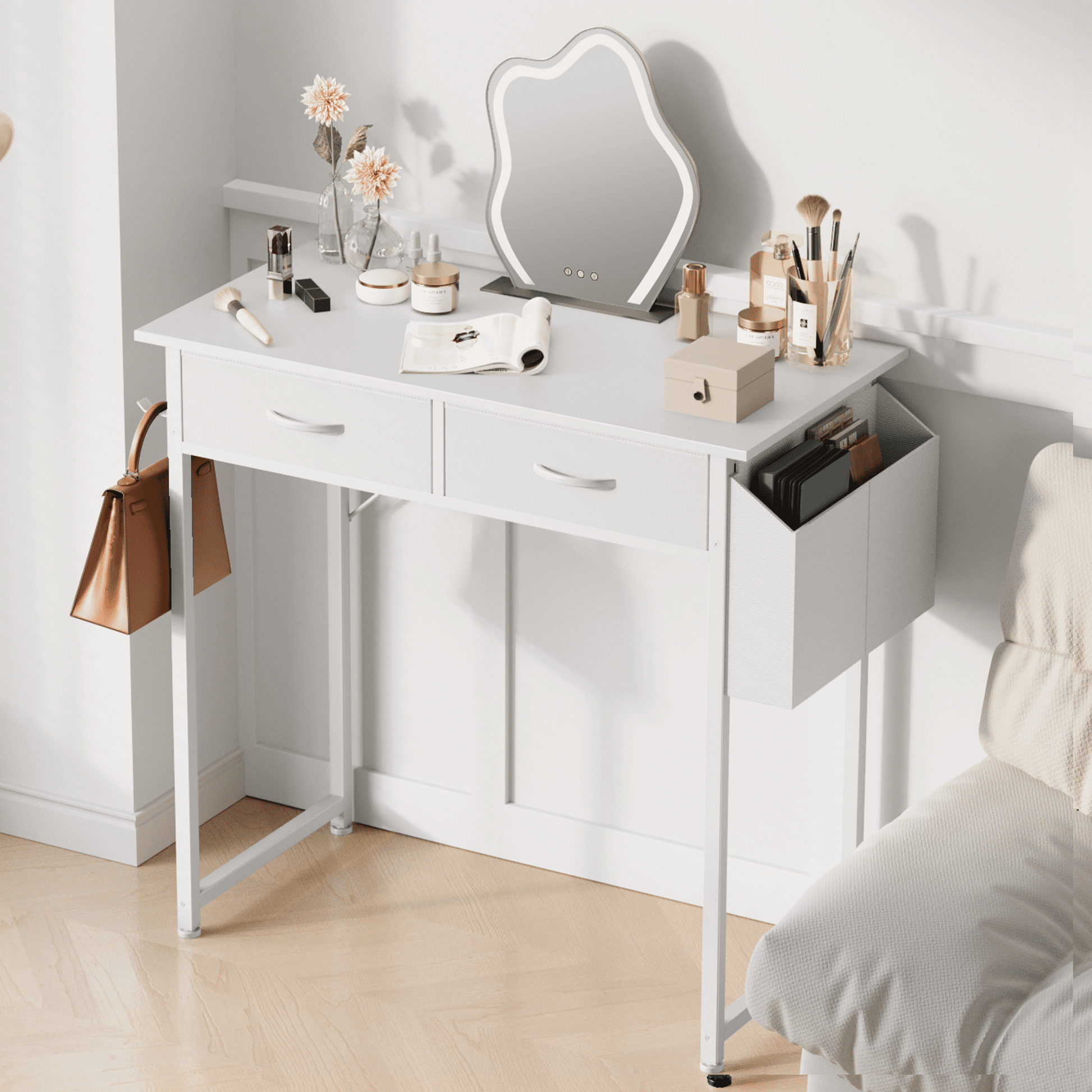 32 Inch Small Desk with Fabric Drawers & Storage Bag Iron Hook, Computer Desk,White Vanity Desk with Storage for Bedroom, White