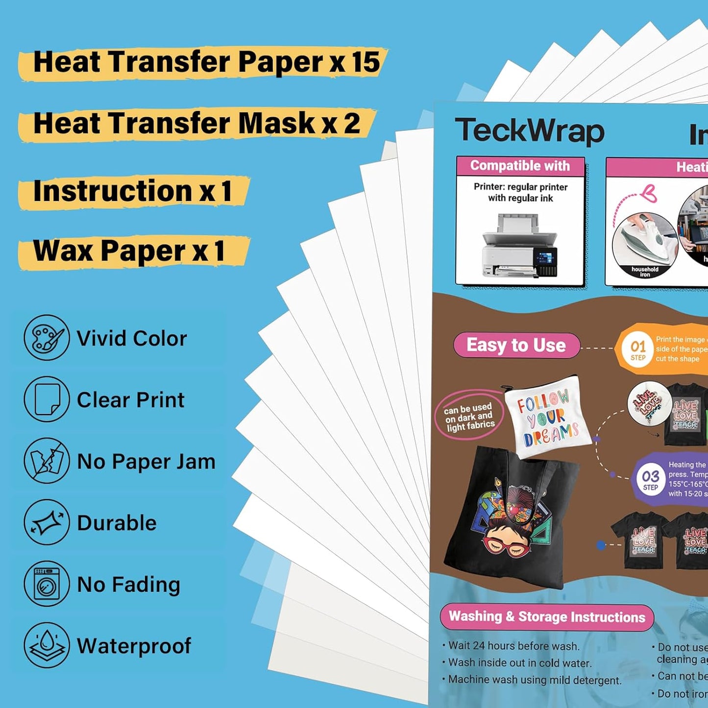 Printable Heat Transfer Paper for T-Shirts 15 Sheets, 8.3" X 11.7" Printable Heat Transfer Vinyl for Inkjet Printer, Iron on Transfer Paper for Light and Dark Fabric (Matte White)