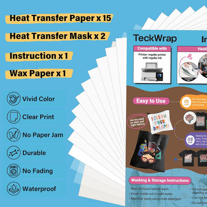 Printable Heat Transfer Paper for T-Shirts 15 Sheets, 8.3" X 11.7" Printable Heat Transfer Vinyl for Inkjet Printer, Iron on Transfer Paper for Light and Dark Fabric (Matte White)
