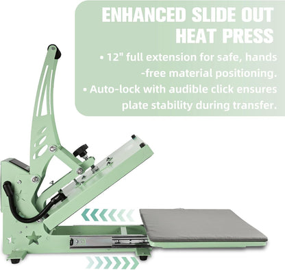 Coolsub Heat Press 15X15 Slide Out Heat Press Machine, Industrial Digital Heat Transfer Machine Sublimation for T-Shirt Green