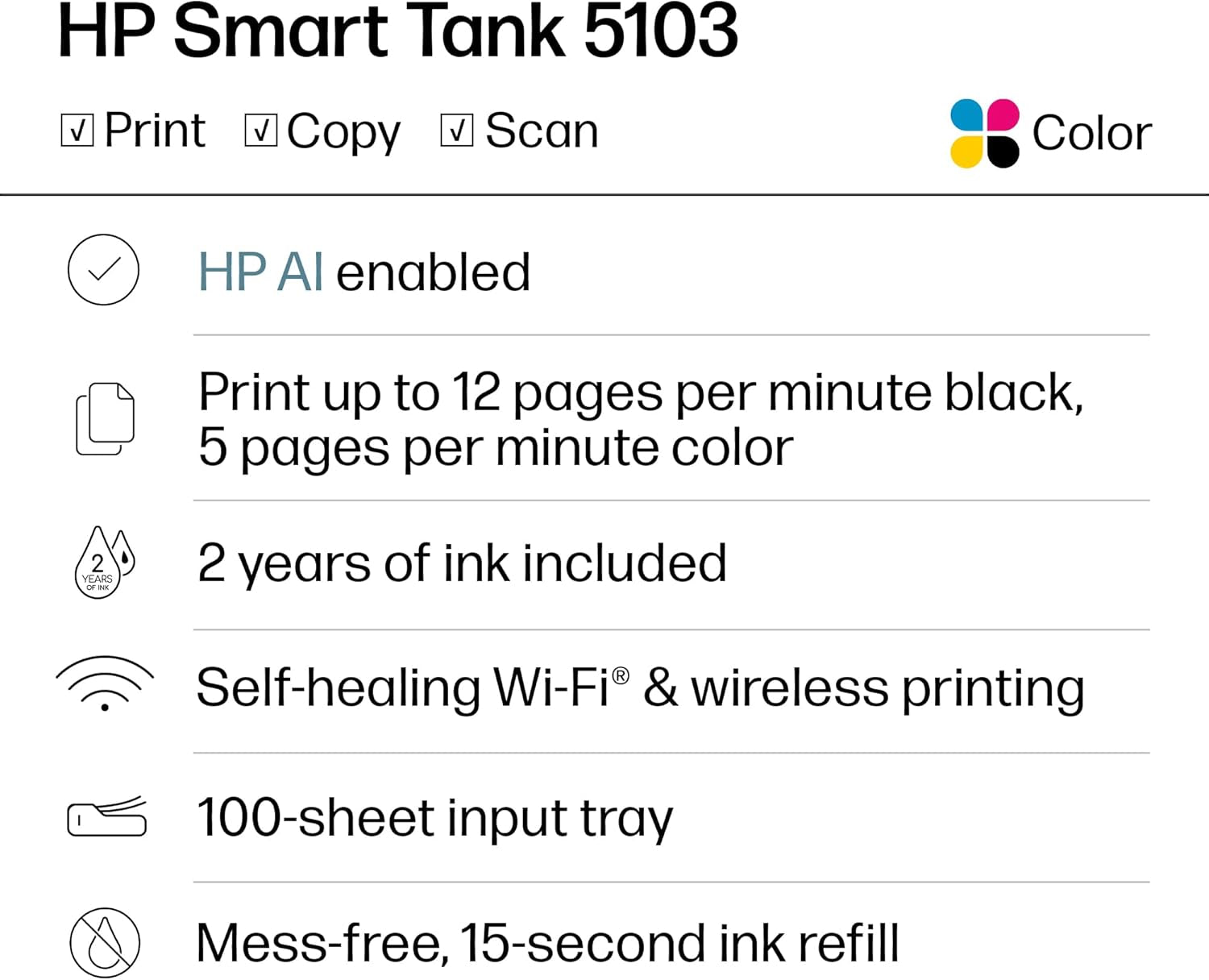 HP Smart Tank 5103 Wireless All-In-One Ink Tank Printer, Scanner,2 Years of Ink, 100 Sheets of Photo Paper Included, Cartridge-Free, Refillable, Ai-Enabled (5D1B2A)