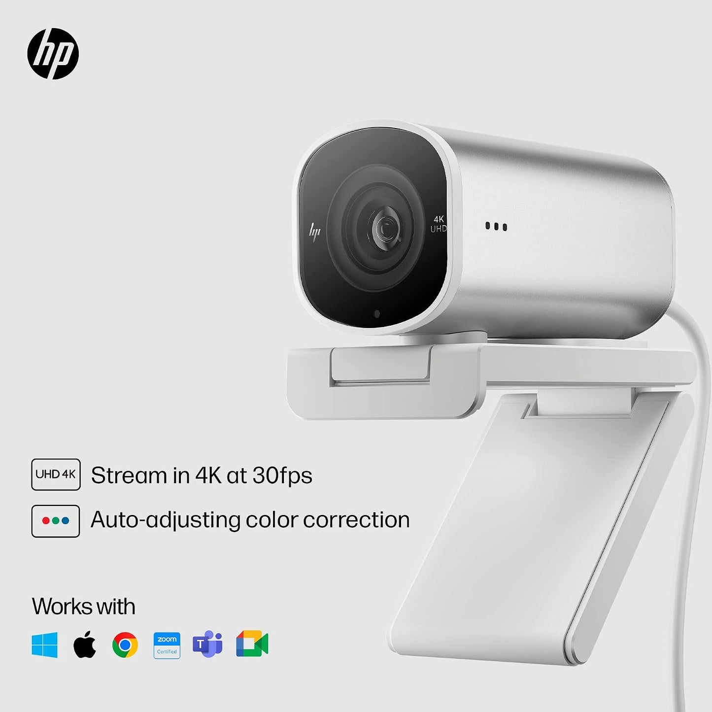 HP 960 4K Streaming Webcam - 4K 30 Fps/1080P 60 FPS Computer Camera & Dual Mics, Noise Reduction, & Privacy Cover - Zoom Certified - Swivel/Tilt Adjust - Color Correction, AF & Framing (695J6AA#ABL)
