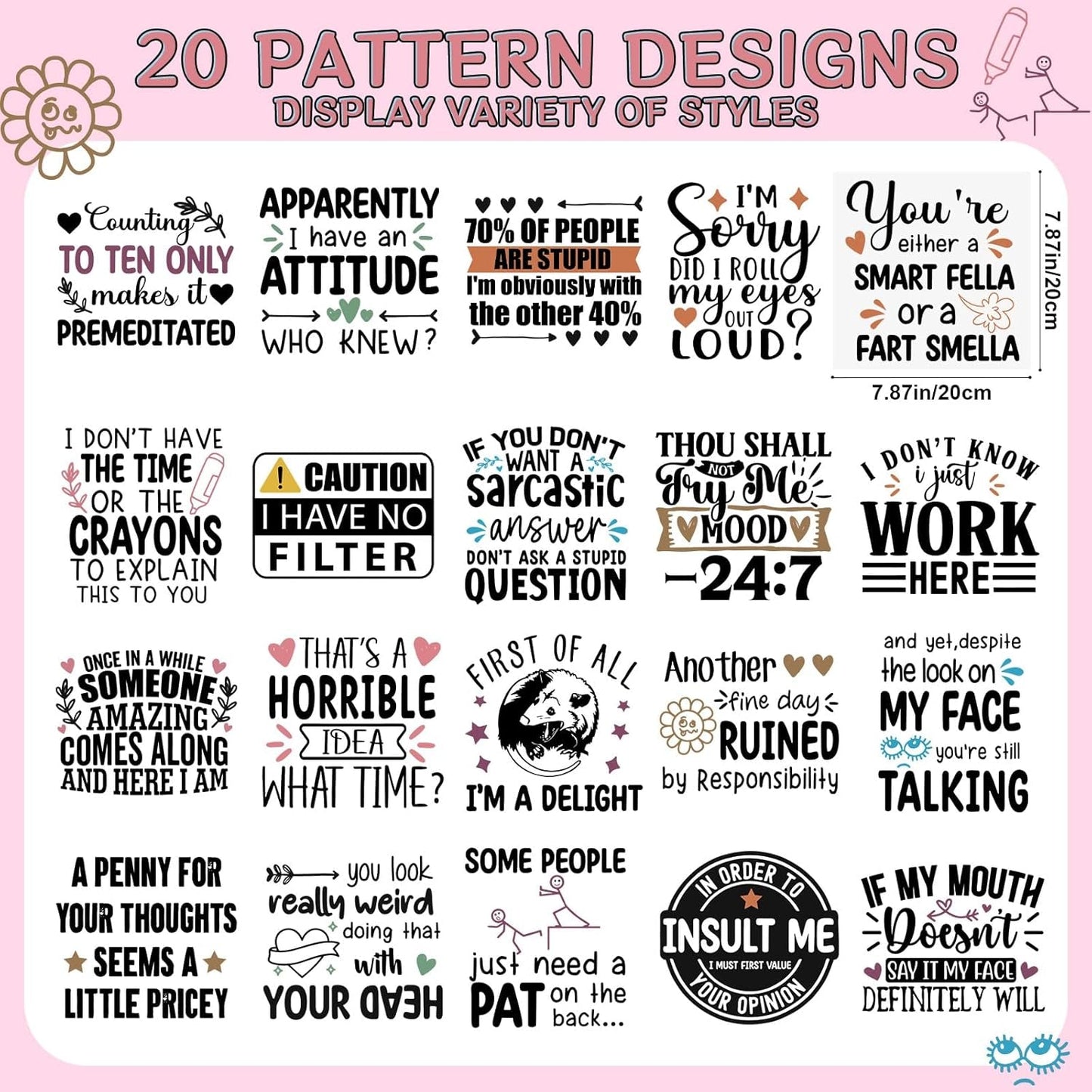 Sarcastic Iron on Transfers for Tshirts - 20Pcs Dtf Transfers Ready to Press, Funny Quotes Iron on Decals Patches, Humor Phrases Heat Transfer Stickers for Clothing Bags Hat DIY Crafts