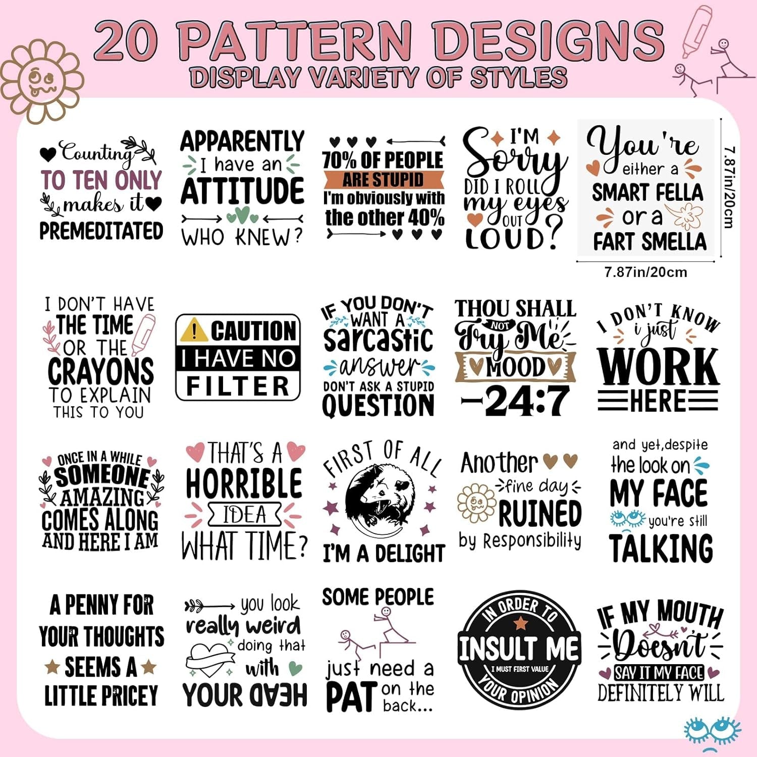 Sarcastic Iron on Transfers for Tshirts - 20Pcs Dtf Transfers Ready to Press, Funny Quotes Iron on Decals Patches, Humor Phrases Heat Transfer Stickers for Clothing Bags Hat DIY Crafts