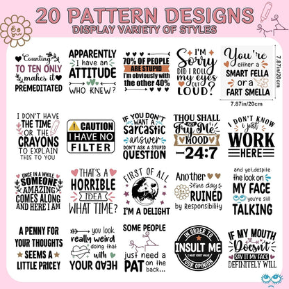 Sarcastic Iron on Transfers for Tshirts - 20Pcs Dtf Transfers Ready to Press, Funny Quotes Iron on Decals Patches, Humor Phrases Heat Transfer Stickers for Clothing Bags Hat DIY Crafts