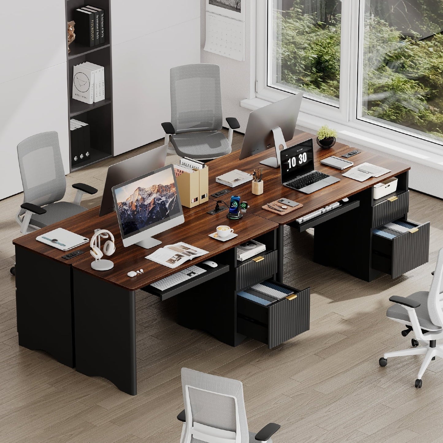 55" Computer Writing PC Desk Home Office with Power Outlets Keyboard Tray and Storage Drawers, Black