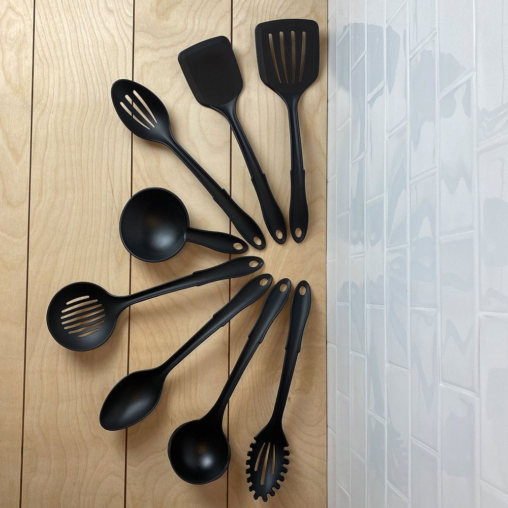 8-Piece Nylon Kitchen Utensil Set with Connector Ring, Black Plastic