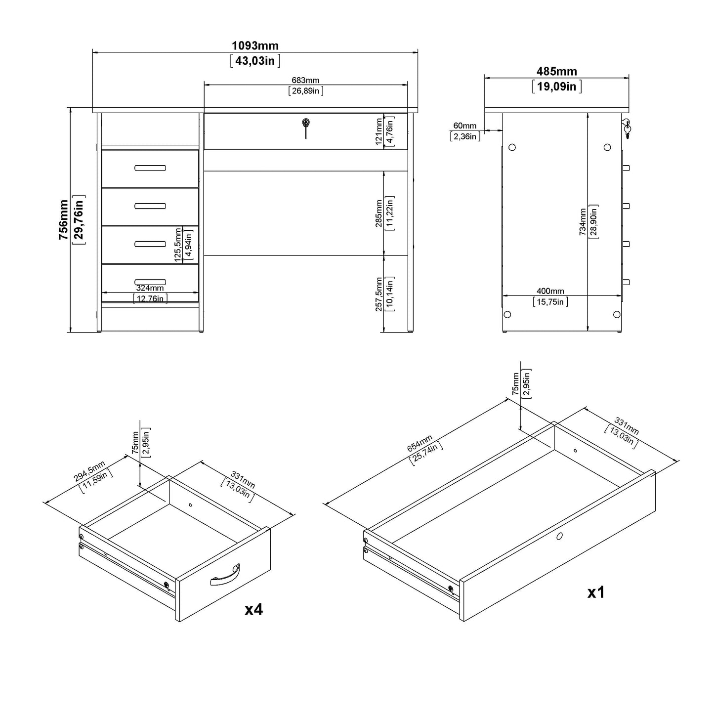 Walden 5 Drawer Office Desk with 1 Locking Drawer for Adults, White