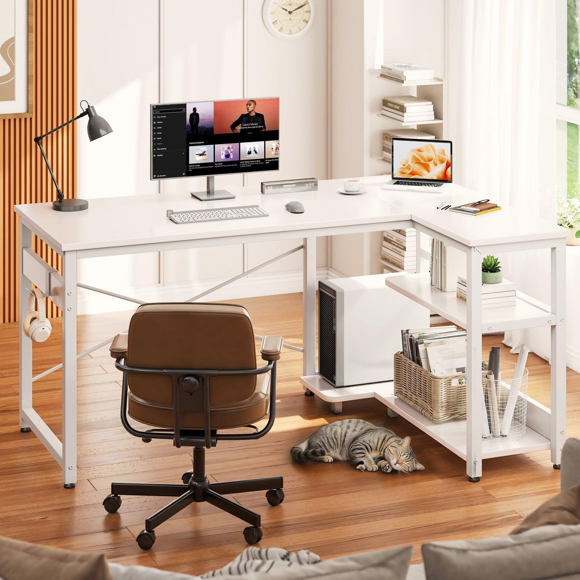 40 Inch L Shaped Computer Desk with 3 Storage Shelves, Small Reversible Corner Desk for Small Space with Hock, Home Office L-Shaped Desk, White