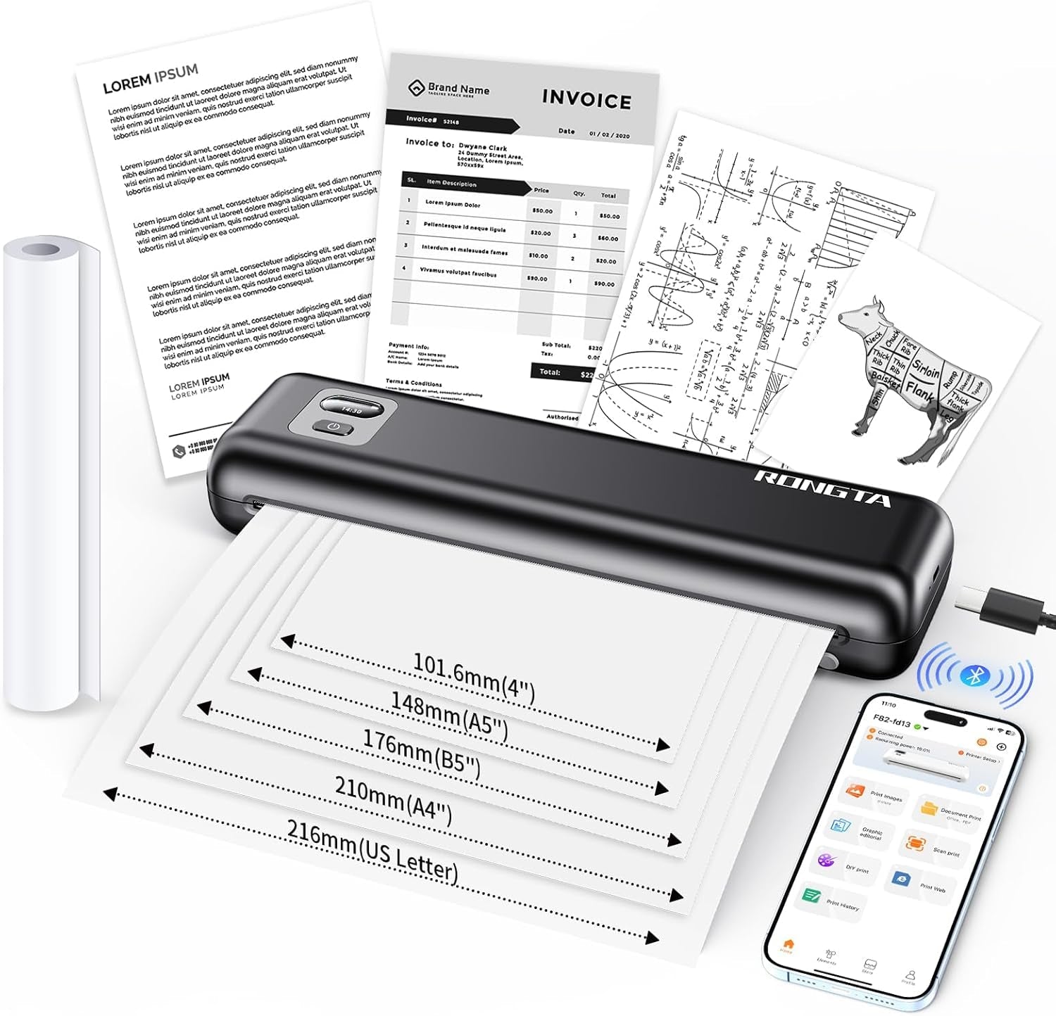 Rongta Portable Printer Wireless for Travel, Thermal Inkless Printers for 8.5"*11" US Letter, Compatible with Android Ios Smartphone, Mac Windows Laptop for Office, Home, Travel (Black)