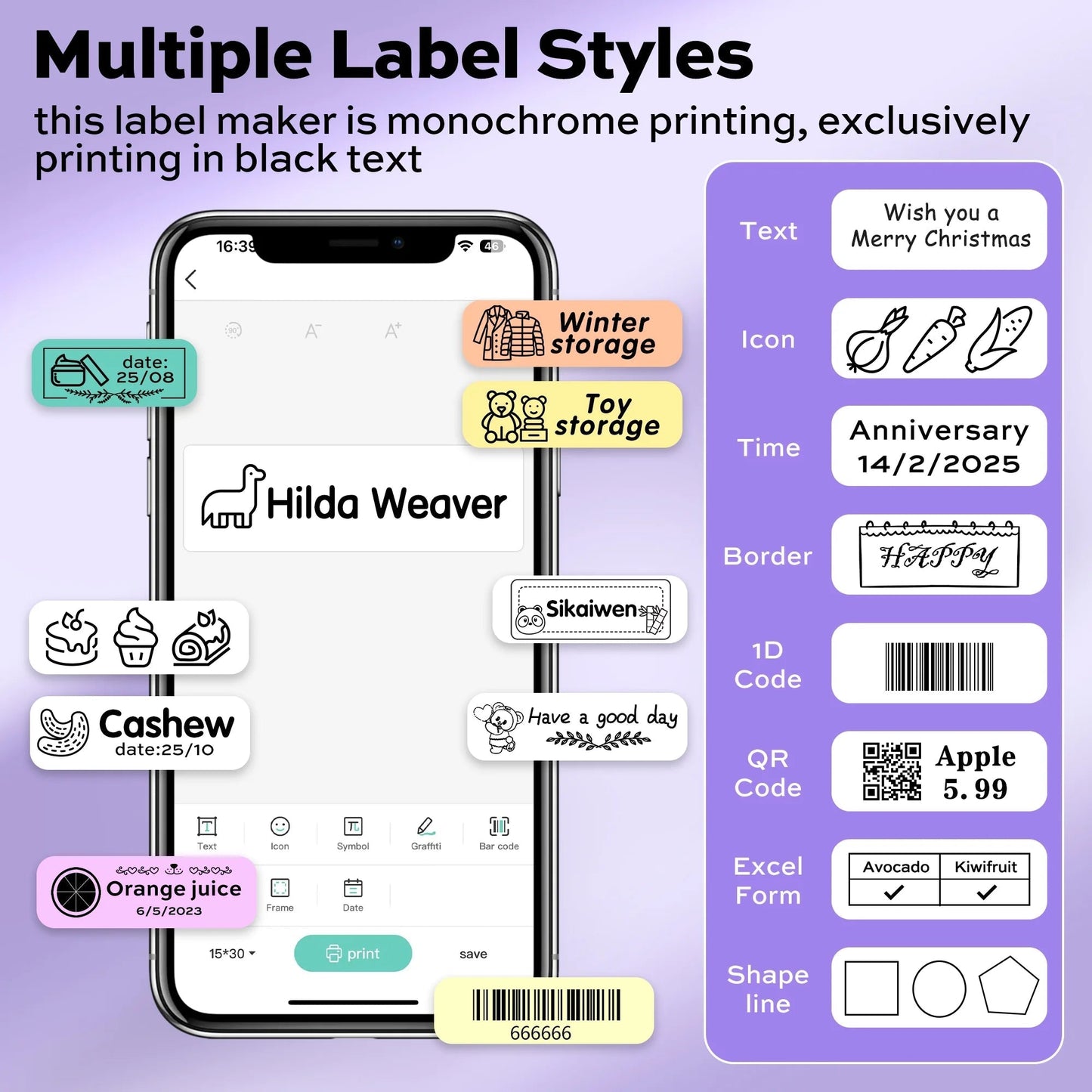 Label Maker Machine, Portable Bluetooth Label Printer with Tape, Inkless Label Maker Handheld for Home Office Organization, Purple