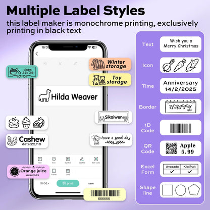 Label Maker Machine, Portable Bluetooth Label Printer with Tape, Inkless Label Maker Handheld for Home Office Organization, Purple