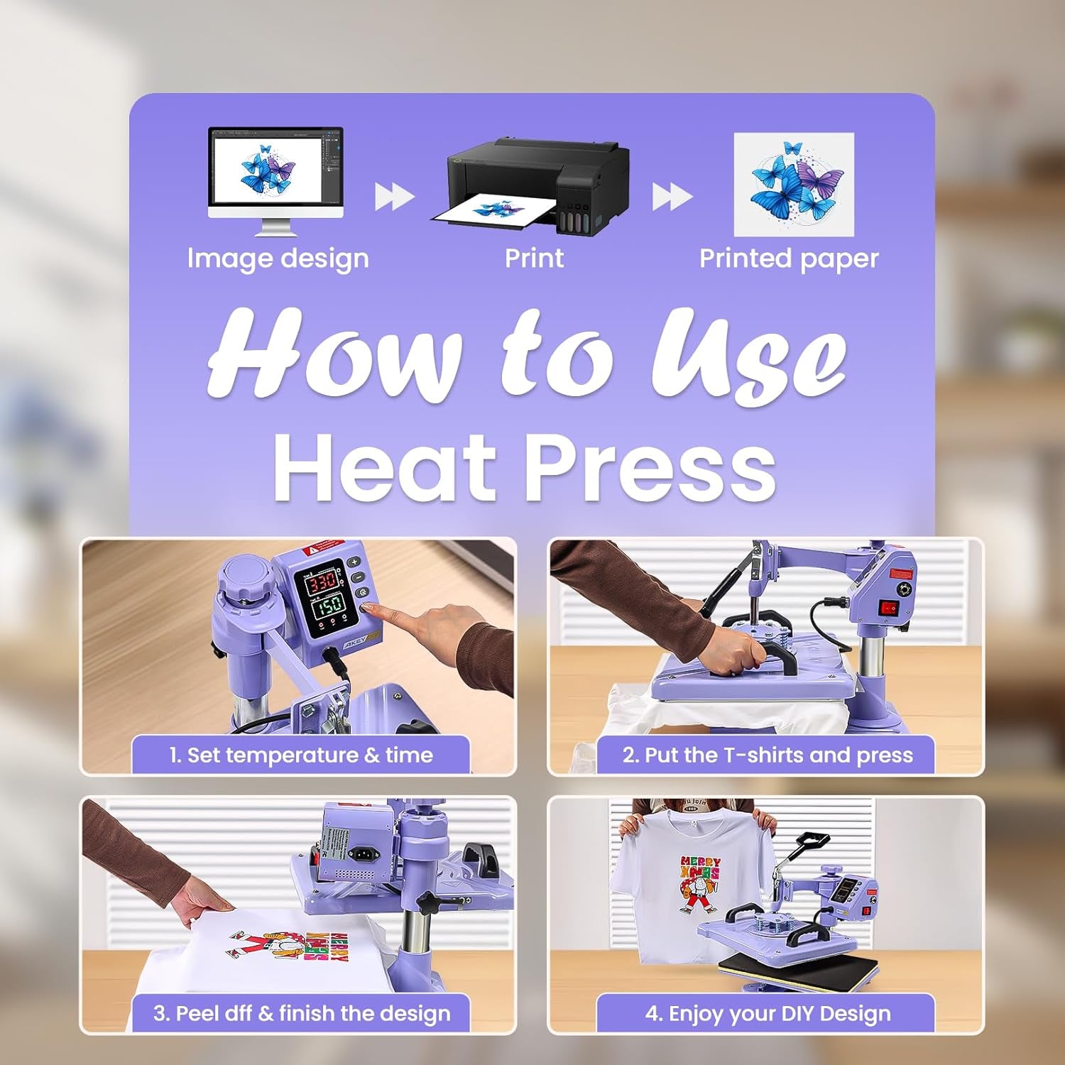 AKEYDIY Heat Press 15X12 Inch, 8 in 1 Heat Press Machine for T-Shirts Hat Cap Mug Plate, 360° Swing Away Shirt Pressing Machine, Sublimation Heat Transfer Machine with Tumbler Press Hat Press, Purple