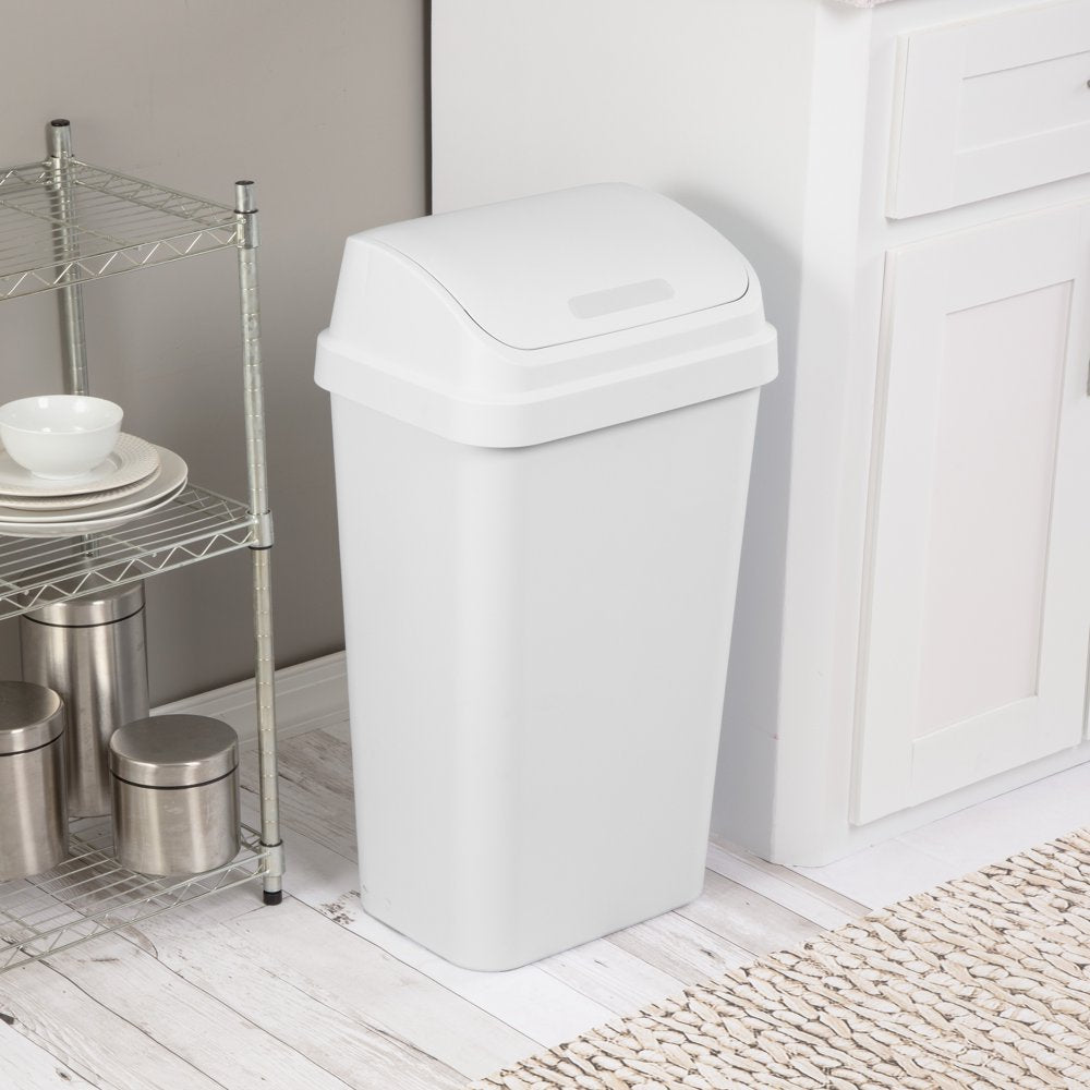 13 Gallon Trash Can, Plastic Swing Top Kitchen Trash Can, White