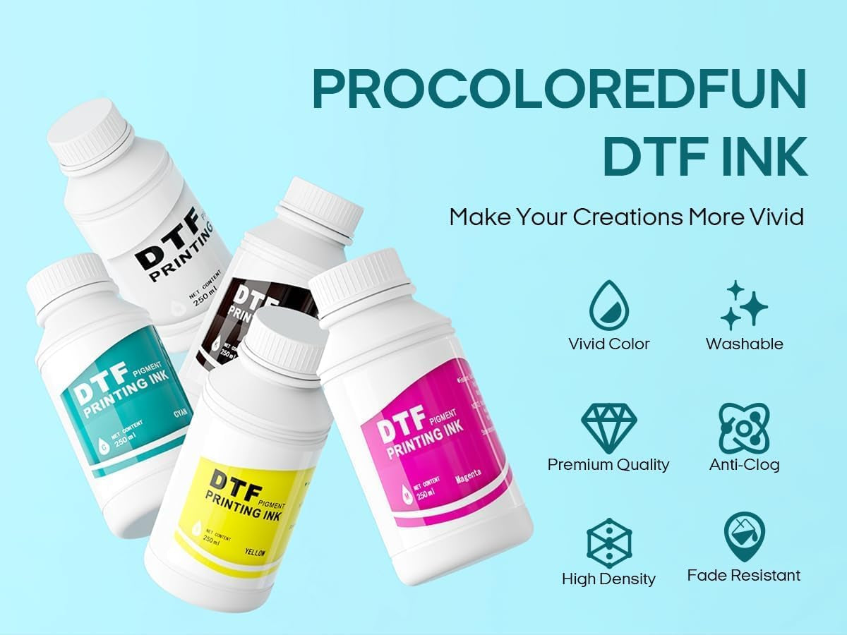 Procoloredfun DTF Ink 1500 Ml and Powder Set 6 X 250Ml Ink Cmykw+Protection Fluid 500 G DTF Powder for A3 A4 L1800 L805 DTF Printer Machine Direct to Transfer Supply Kits