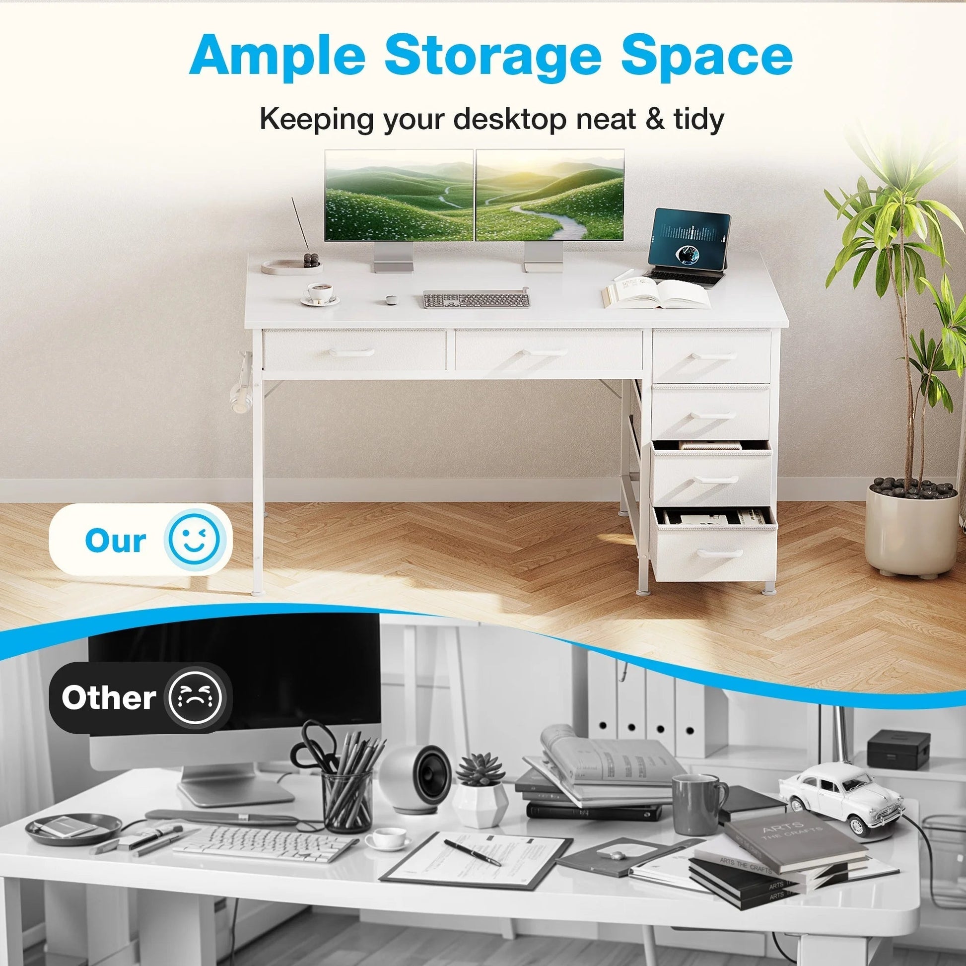 48" Home Office Desk with 6 Drawers, Modern Computer Desk with Small Space, Corner Computer Desk, Pure White