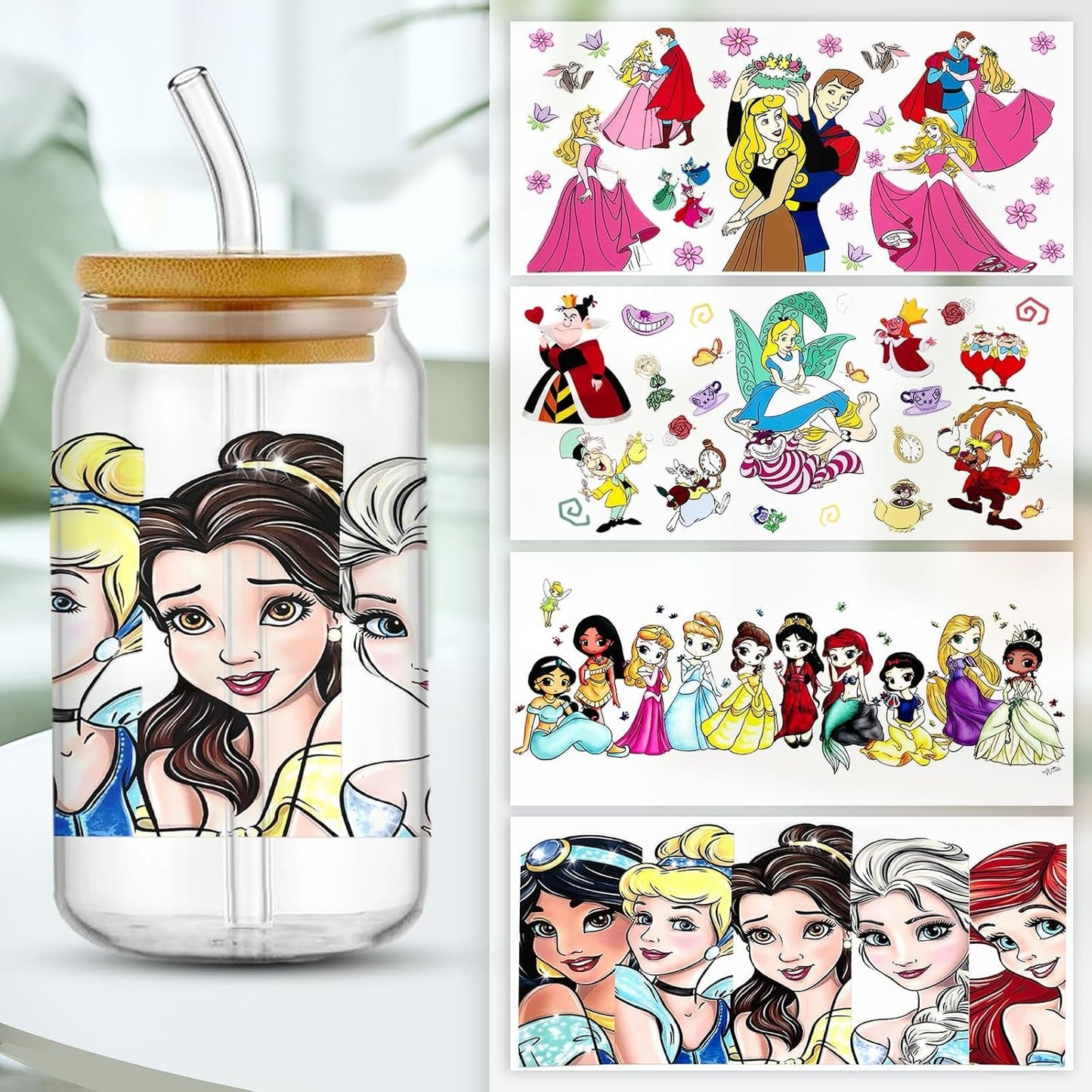 6Sheets Cartoon UV DTF Cup Wrap Transfer Stickers for 16Oz Glass Cups, Rub on Transfers for Crafts Cup Decal Stickers (Princess)