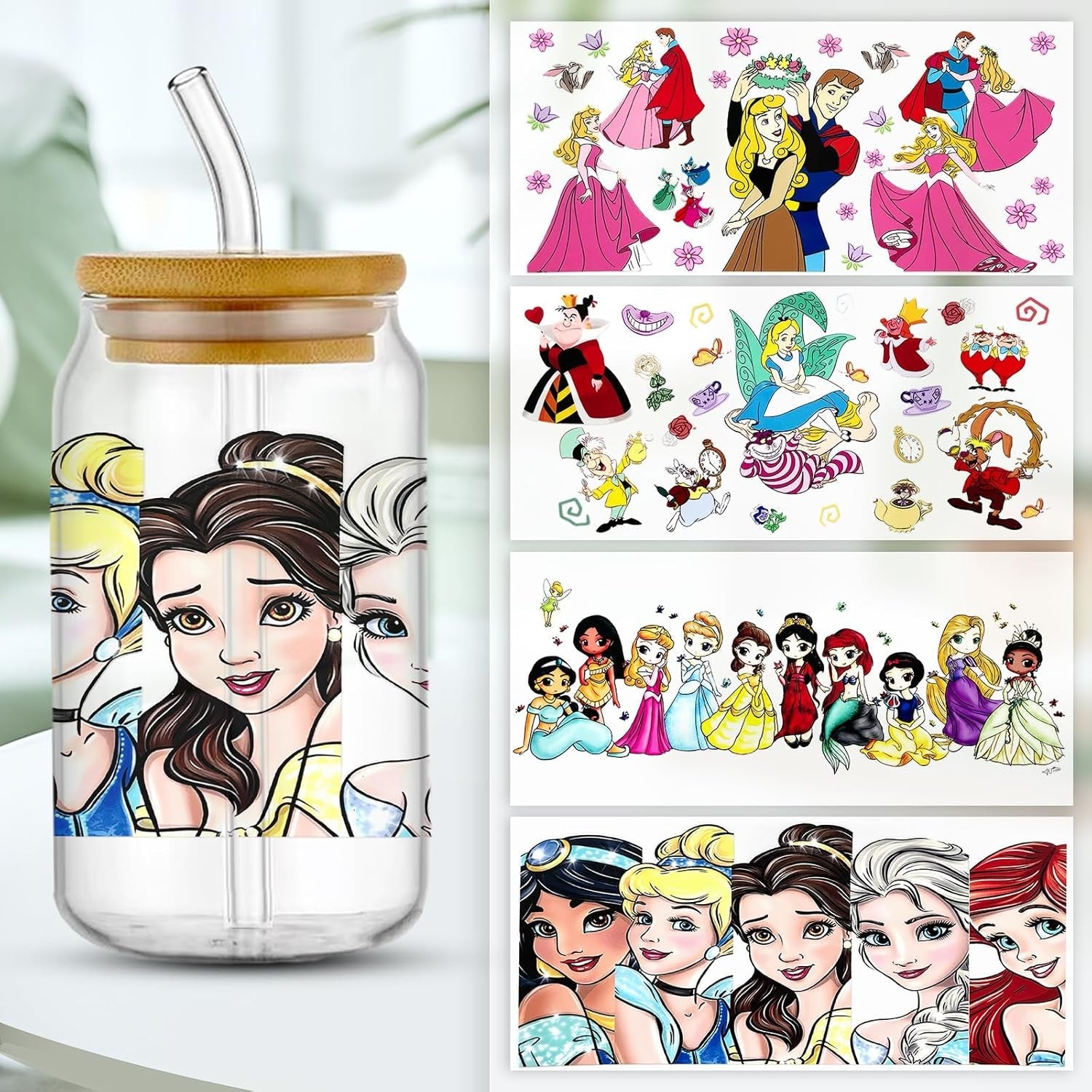 6Sheets Cartoon UV DTF Cup Wrap Transfer Stickers for 16Oz Glass Cups, Rub on Transfers for Crafts Cup Decal Stickers (Princess)