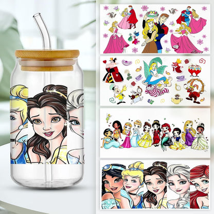 6Sheets Cartoon UV DTF Cup Wrap Transfer Stickers for 16Oz Glass Cups, Rub on Transfers for Crafts Cup Decal Stickers (Princess)